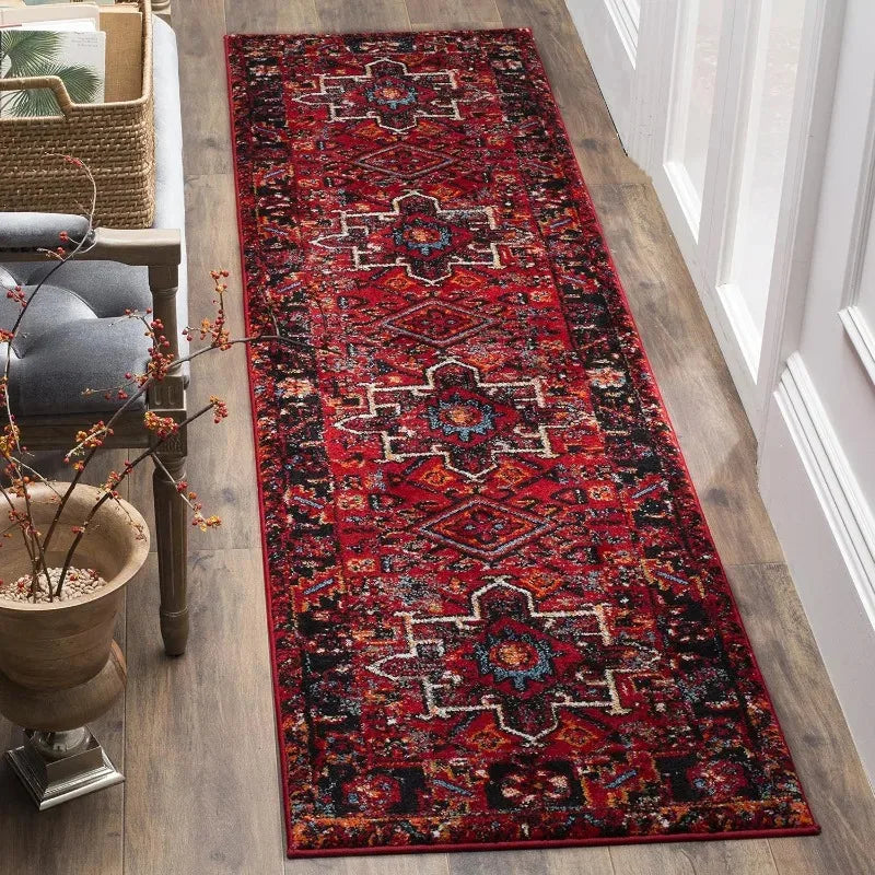 tapis géométrique bohème rouge bleu noir polyester salon chambre moderne