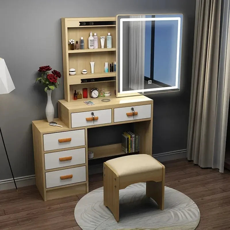 maquillage moderne plateau miroir coulissant tiroir bois tabouret chambre minimaliste