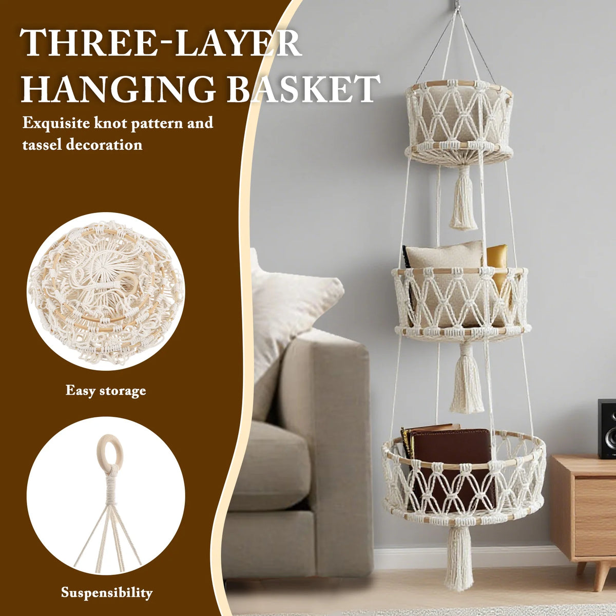 panier suspendu trois niveaux tressé bohème oranges poires plantes vertes livres jouets decoration cuisine