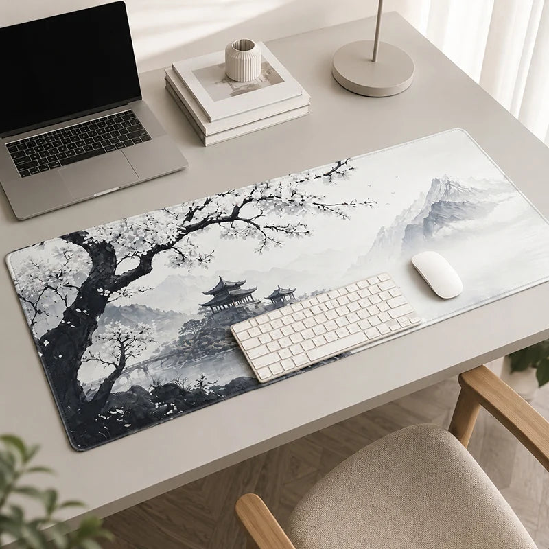 tapis souris caoutchouc antidérapant noir blanc paysage oriental branches fleuries traditionnel artiste 900x400mm