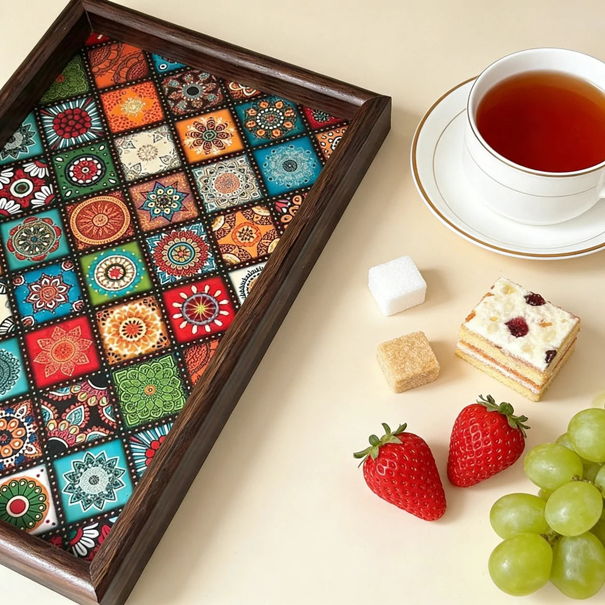 plateau bois patchwork floral marron foncé traditionnel sans fixation salon chambre