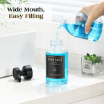 distributeur savon liquide noir bleu clair moderne minimaliste transparent pompe pression étiquette noire texte