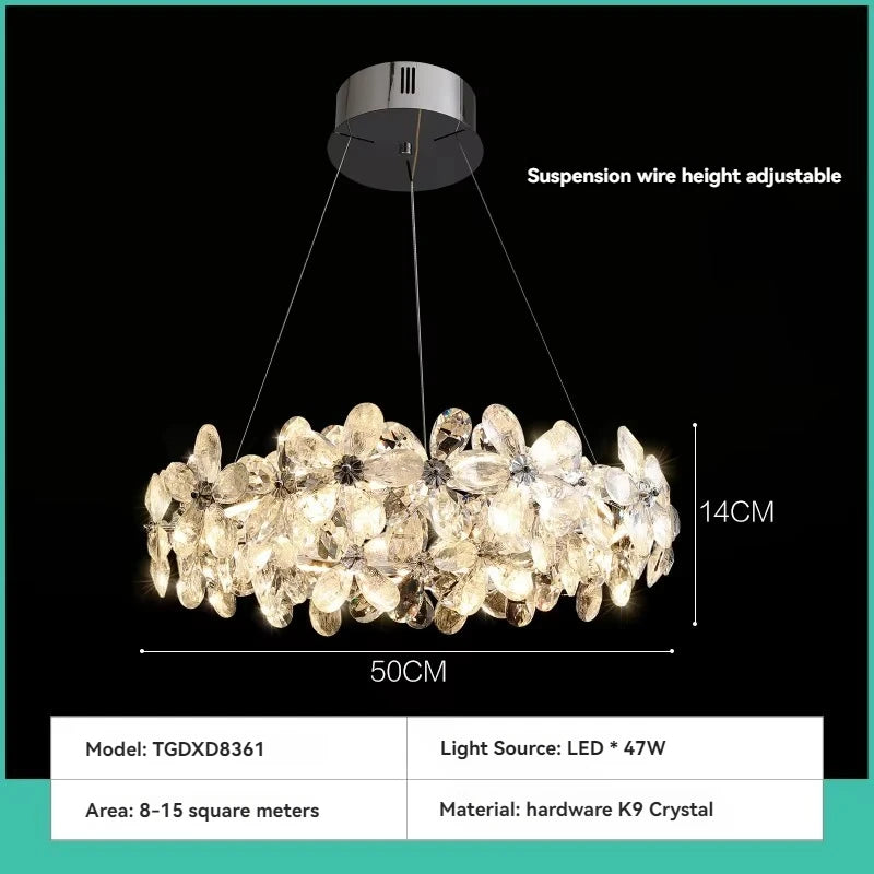 Suspension lumineuse moderne transparente argentée fleurs cristal 3000k 6000k chambre salon