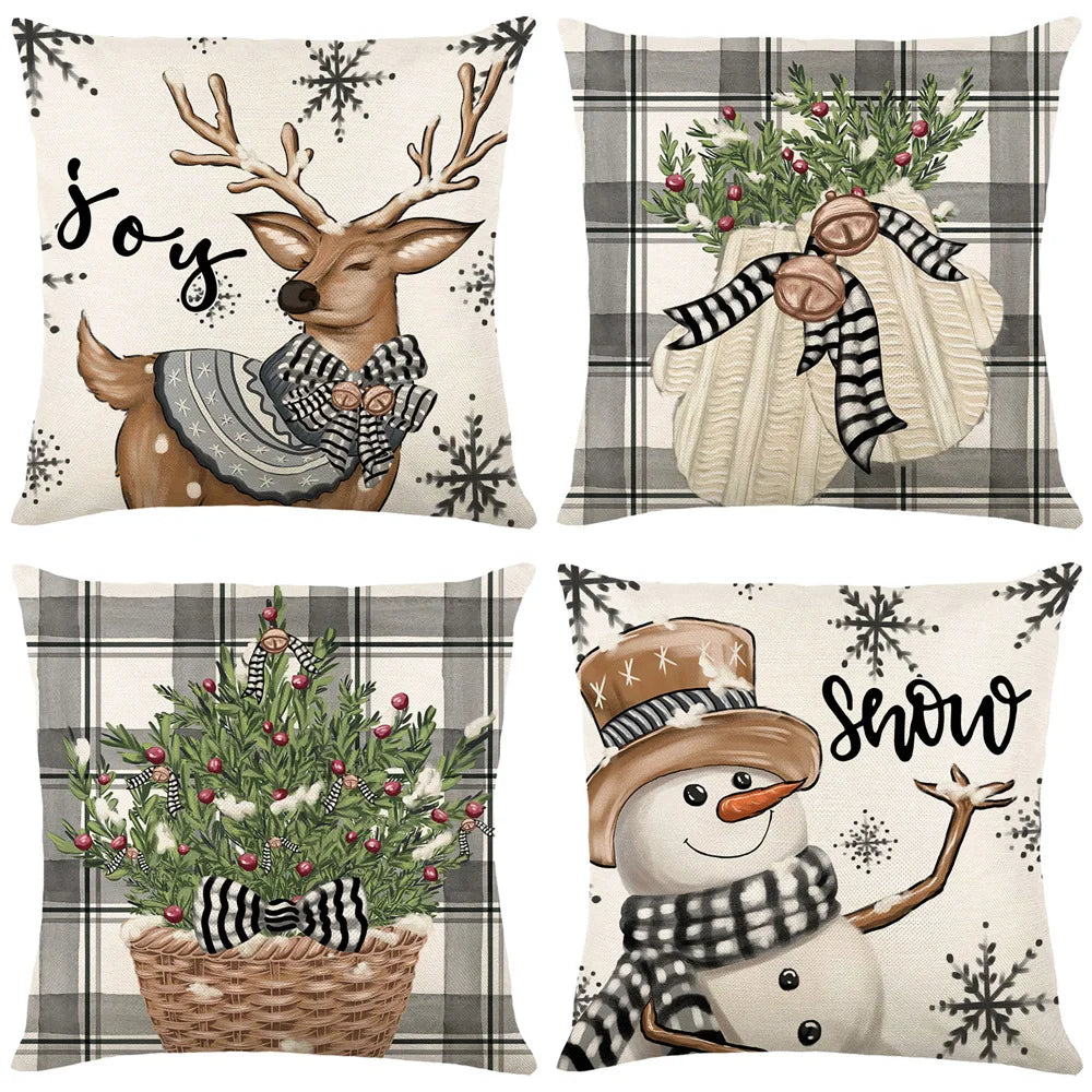housse coussin noël flocons cerfs guirlandes chaussettes arbres sucrerie traditionnelle festive 45cm
