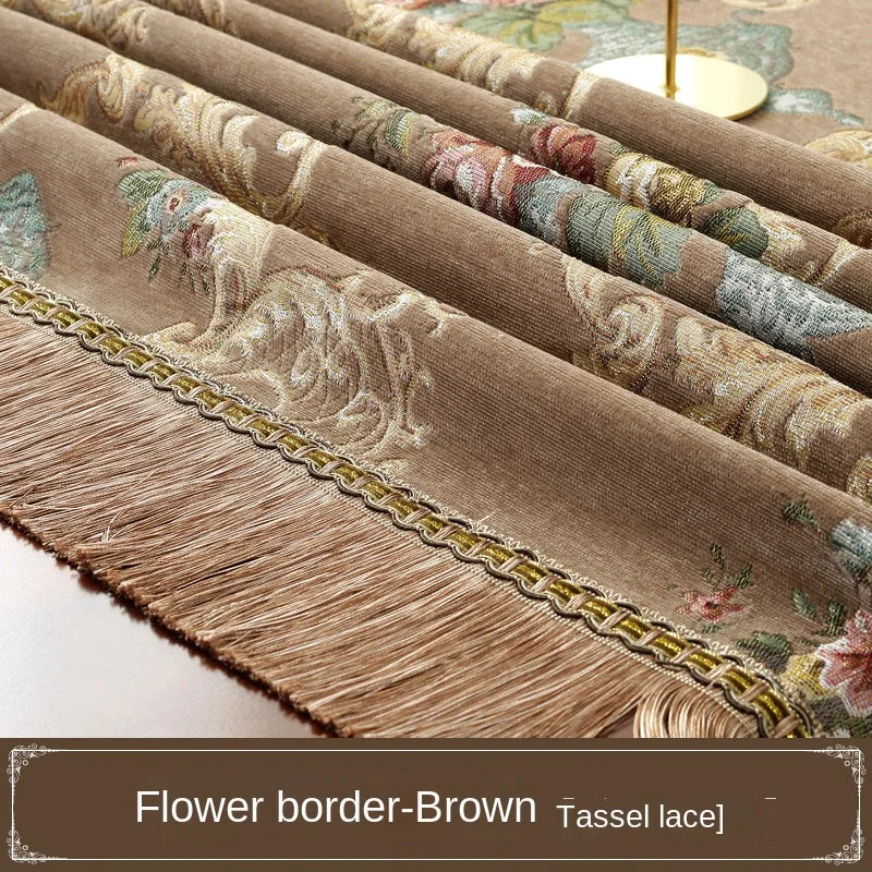 nappe table rectangulaire chenille bleue beige marron motif floral franges classique élégant