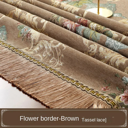 nappe table rectangulaire chenille bleue beige marron motif floral franges classique élégant