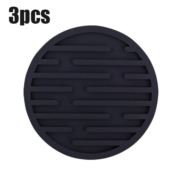 coasters silicone noirs rayures horizontales adhésifs résistants chaleur moderne respectueux l'environnement(viscoses) 10cm 5cm