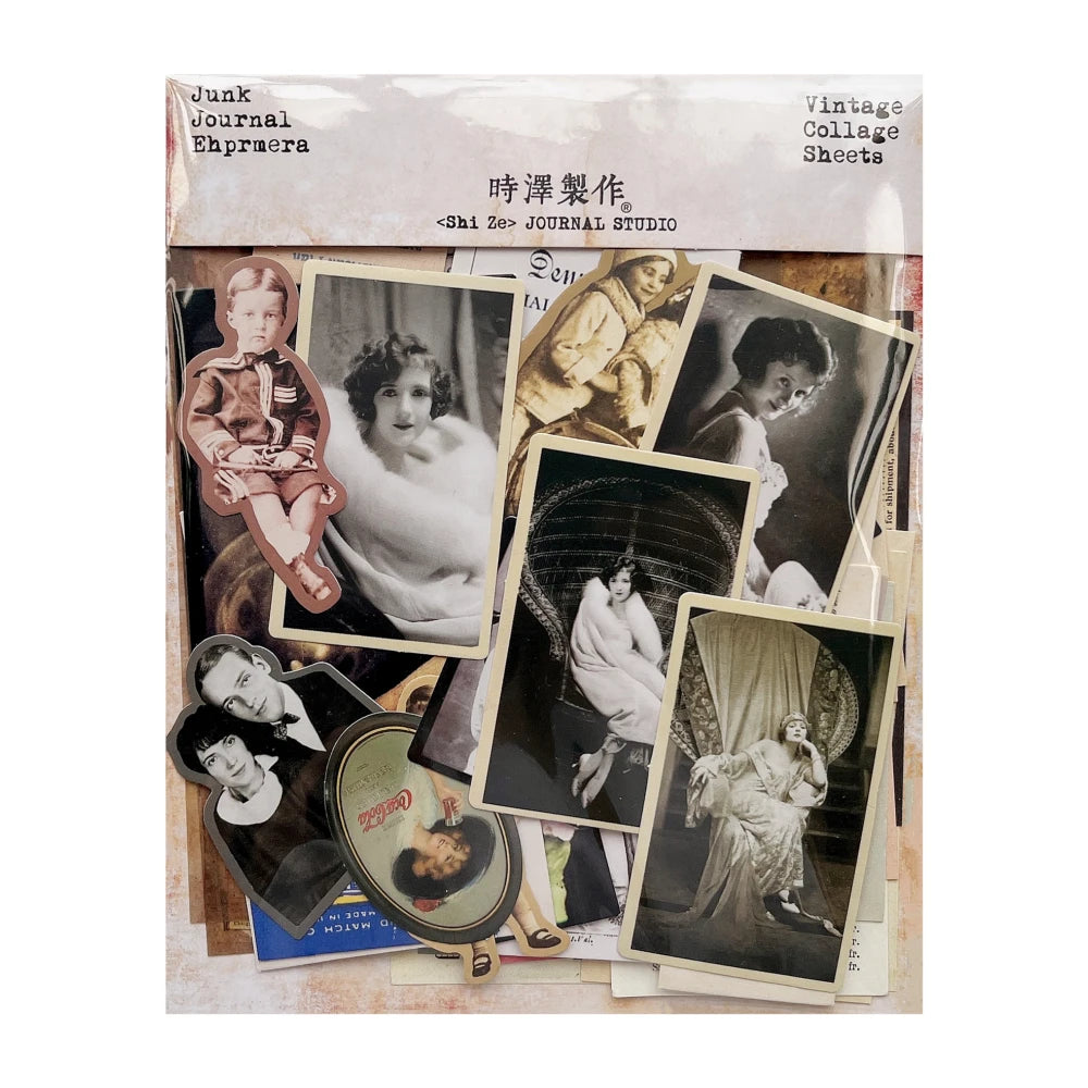 feuilles collage vintage photos anciennes rétro blanc beige illustrations textes opaques artisanat scrapbooking