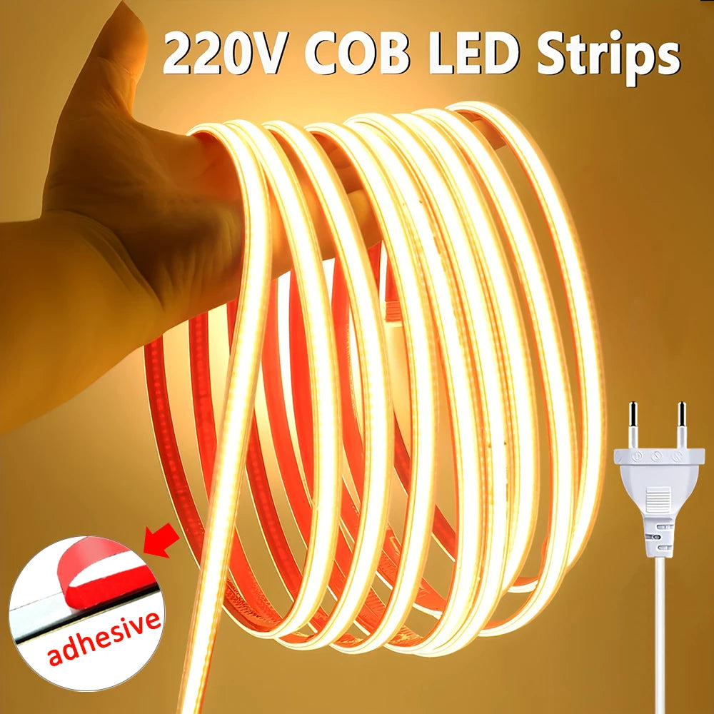 ruban led flexible cob 220v autocollant blanc chaud salon cuisine chambre moderne