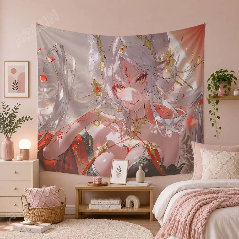 tapisserie murale art numérique anime femme cheveux blancs accessoires dorés détails floraux 100x150cm 150x200cm