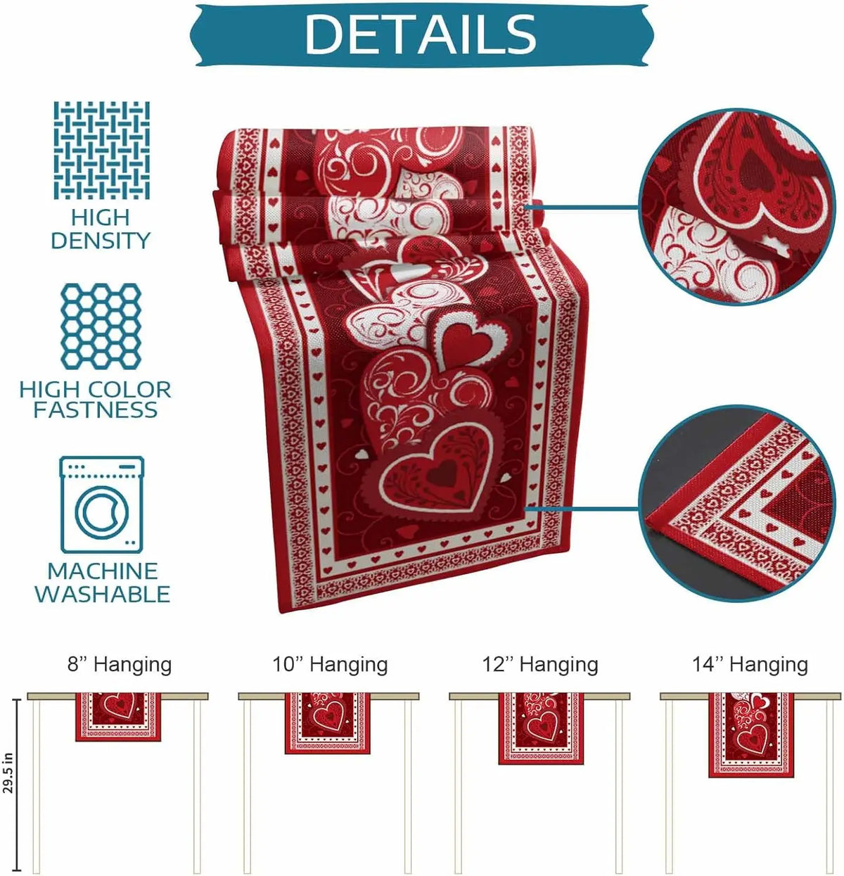 Cette image présente une série de serviettes décoratives rouges avec des motifs de cœurs et d'arabesques. Les détails indiquent que ces serviettes sont de haute densité, à couleur vive et lavables en machine, avec différentes tailles de 8 à 14 pouces de hauteur pour s'adapter à différents besoins de décoration.