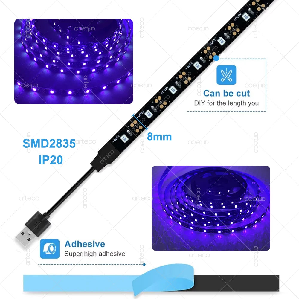 ruban led uv violet points lumineux adhésif moderne usb câble adaptateur alimentation