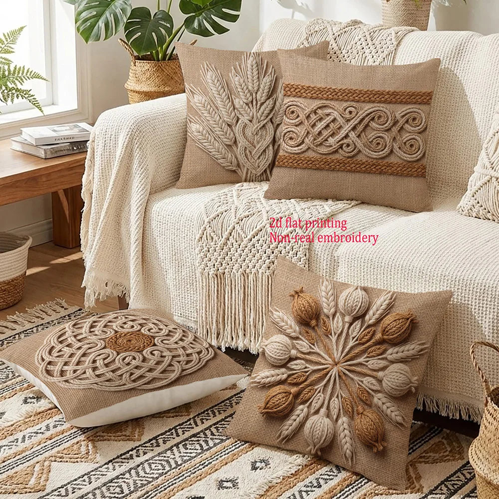 housse coussin brodée épis blé nœud celtique boho farmhouse beige rustique machine