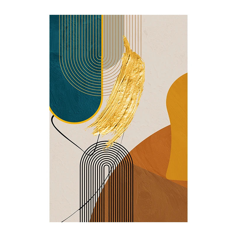 peinture abstraite contemporaine toile géométrique lignes ondulées coups pinceau dorés orange beige noir gris