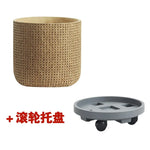 Pot plante tissé marron clair moderne rustique plante verte graines noires serviette blanche