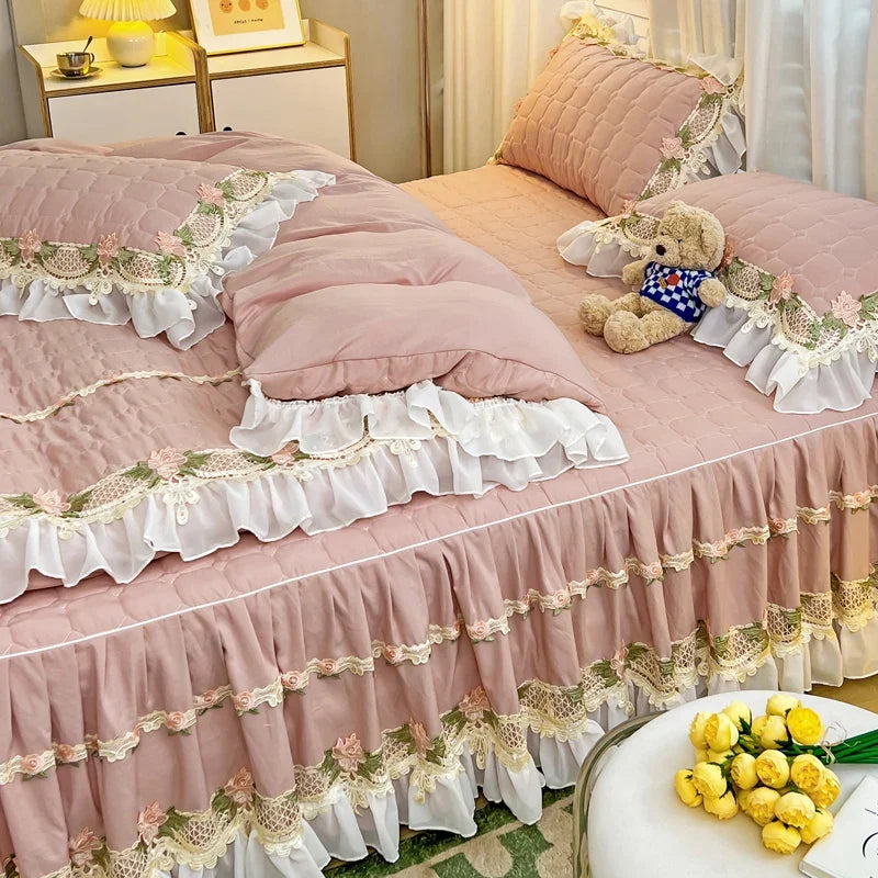 housse couette coton rose dentelle fleurs romantique blancs deux taies oreillers drap lit volants