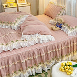 housse couette coton rose dentelle fleurs romantique blancs deux taies oreillers drap lit volants