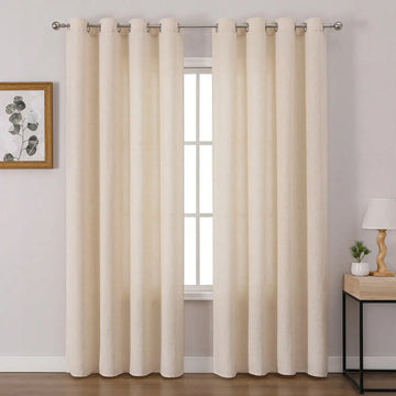 rideau beige clair texture lin moderne opacité fenetre salon chambre anneaux metalliques