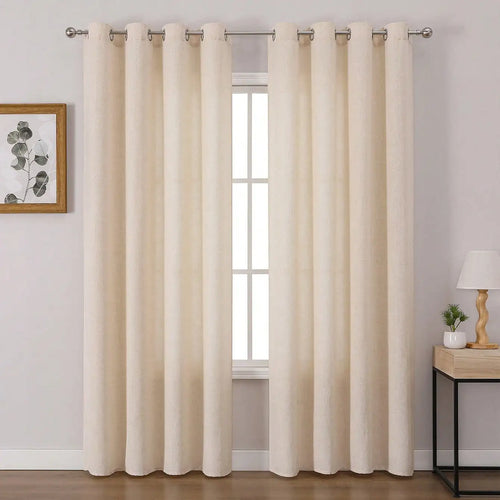 rideau beige clair texture lin moderne opacité fenetre salon chambre anneaux metalliques