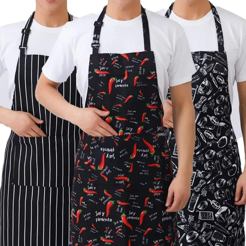 tablier cuisine chef noir blanc rouge marron rayures poivrons poche avant crochets métalliques coton
