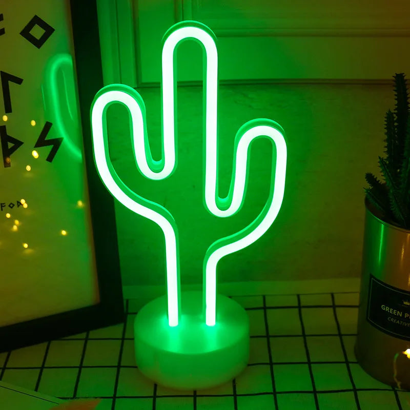 lampe néon cactus verte moderne minimaliste alimentée usb batterie lumière ambiance chambre entrée