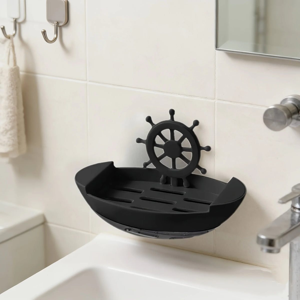 porte savon bateau adhésif mural décoration maritime blanc gris noir texturé