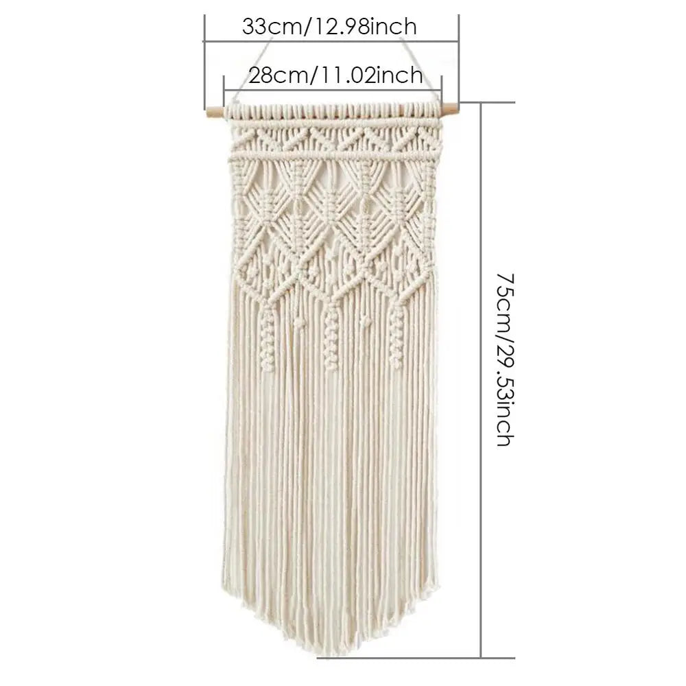 décoration murale macramé géométrique bohème franges suspendu tige bois ethnique artisanal triangles losanges
