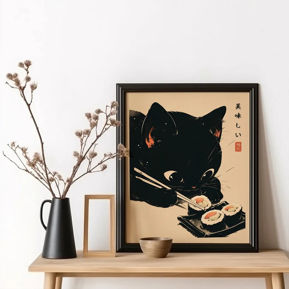 affiche illustration chat noir sushi art japonais fond beige salon décoration maison toile imperméable)frameless