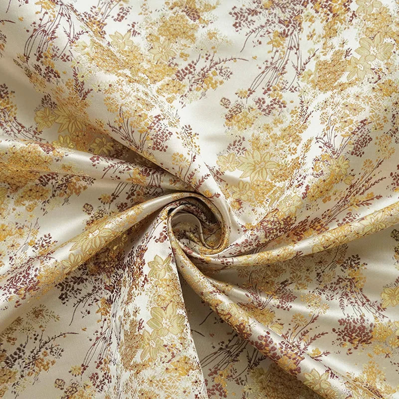 tissu imprimé fleurs feuillage polyester classique romantique beige marron jaune doré bricolage couture sac