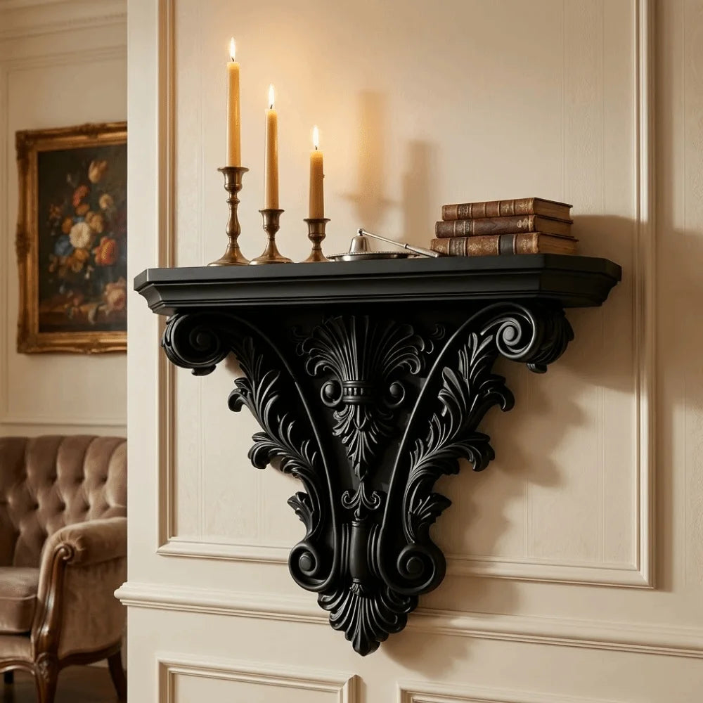 étagère murale décorative noire blanche supports sculptés chandelles bougeoirs vases fleurs petits éléments ornementaux