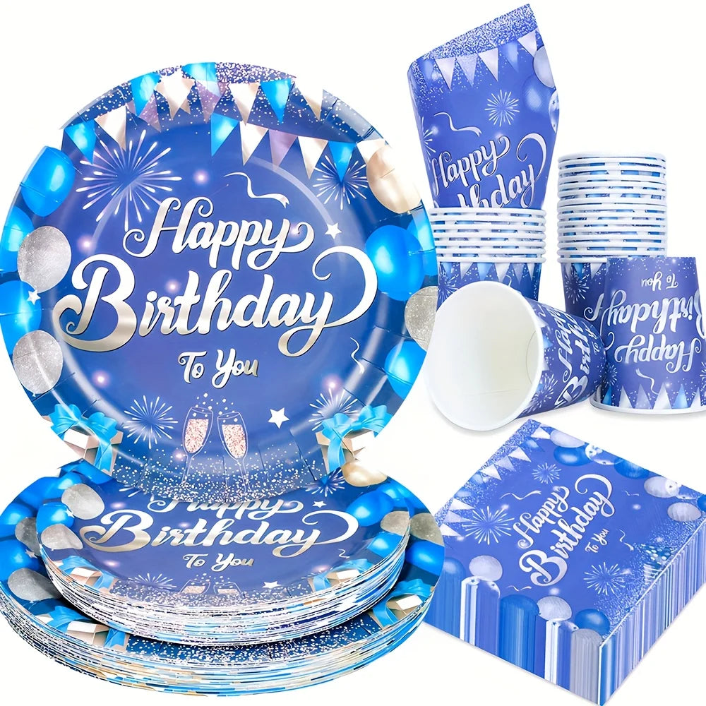 assiettes gobelets serviettes bleu argent happy birthday feux artifice anniversaire ballons étoiles guirlandes jetables