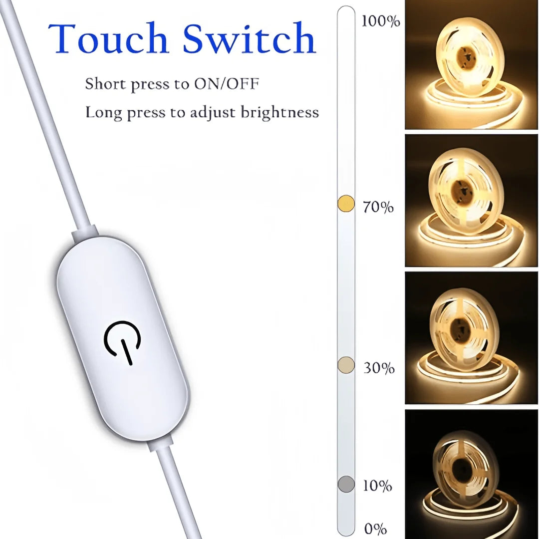 ruban led flexible blanc adhésif lisse moderne interrupteur tactile intensité variable 50000 heures 6000k