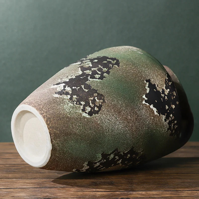 vase moderne rustique blanc marron vert marbré gratté opaques poignée décoration floral arrangement table