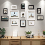 cadres photo bois teak noir blanc modernes minimalistes différents grille positionnement