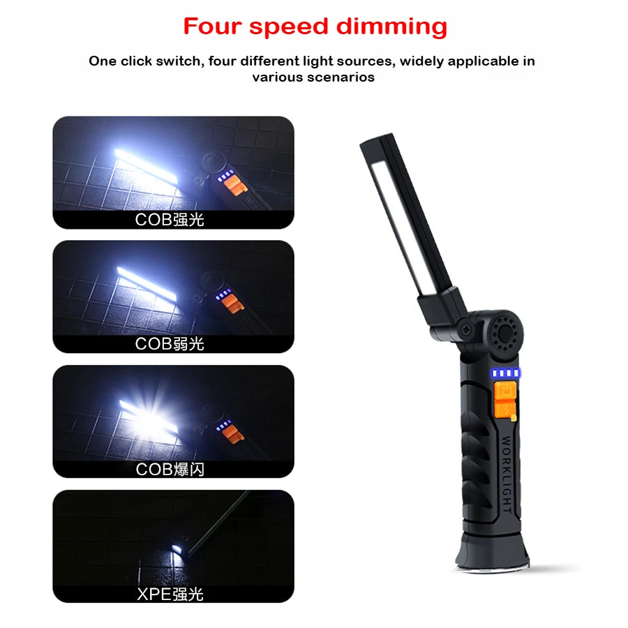 lampe travail rechargeable usb aimant noir lumiere led forte réglages luminosité camping auto défense