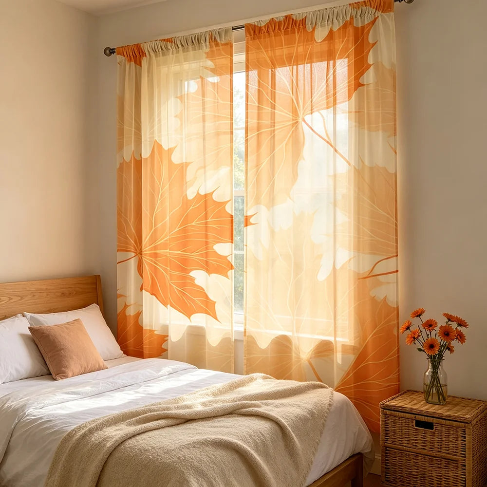 rideau feuilles erable orange moderne anneaux salon chambre 100x130cm