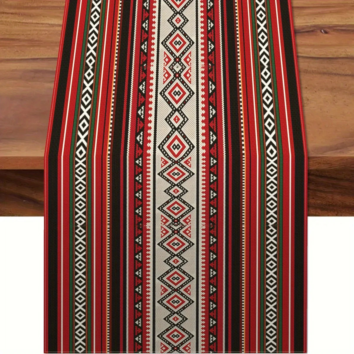 nappe ethnique géométrique rouge noir blanche verte beige table fête polyestrelin opaque semiTransparent traditionnelle