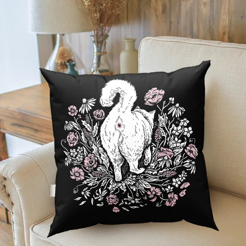 coussin carré noir chat mystérieux pentagramme décoration lit salon motif artistique textile polyester décoratif