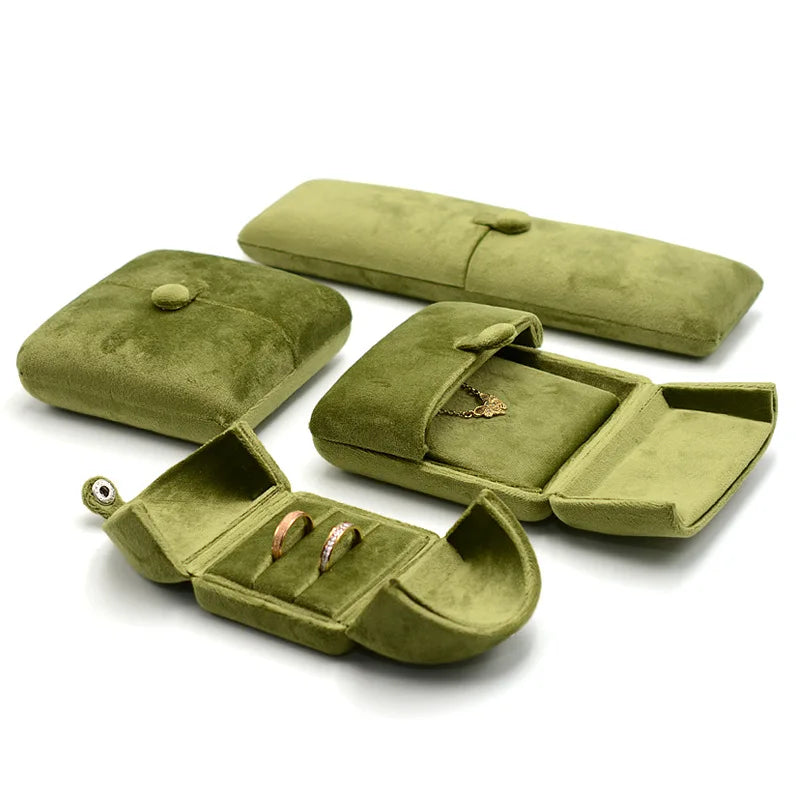 boîtes bijoux velours vert olive classique boutons pression boucles d'oreilles clover bague or collier
