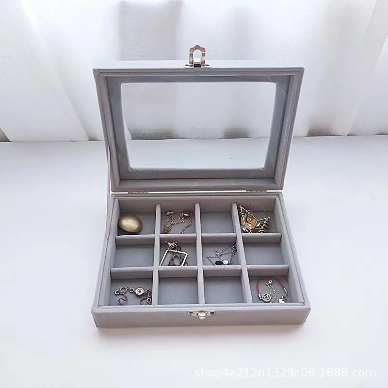 boîte bijoux velours moderne gris bleu noir rose verre transparent compartiments multiples boucles d'oreilles