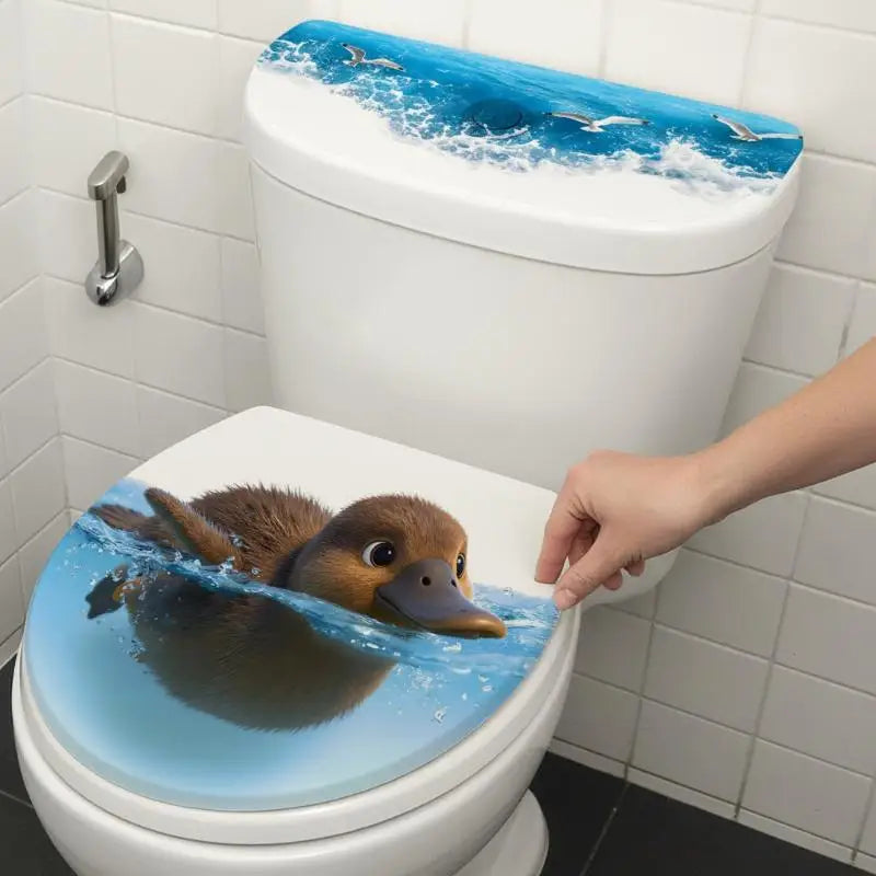 cache siège toilette adhésif oiseaux canard poussins vague eau blanc bleu marron jaune gris