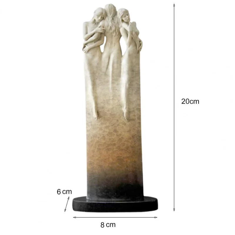 sculpture contemporaine trois déesses résine beige marron granuleux drapé étagère bois plante verte pot