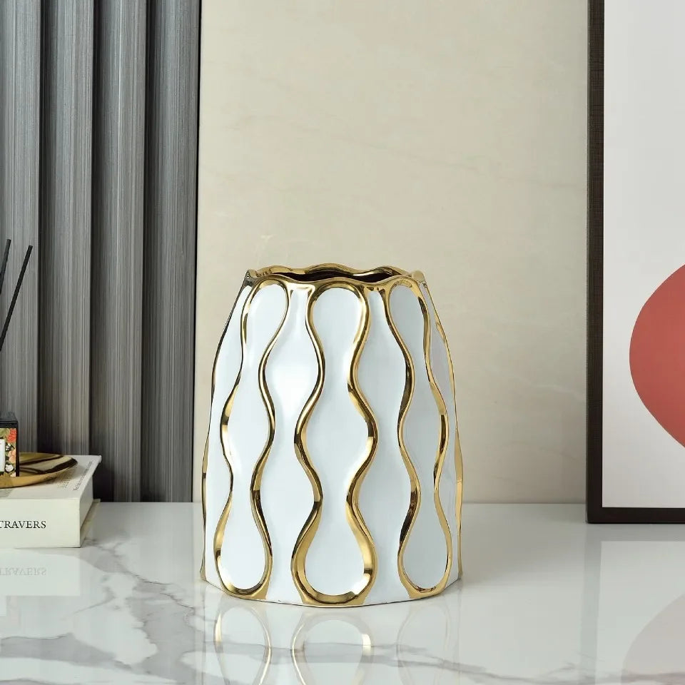 vase céramique moderne blanc or noir lignes dorées élégant décoration salon fleurs artificiellements