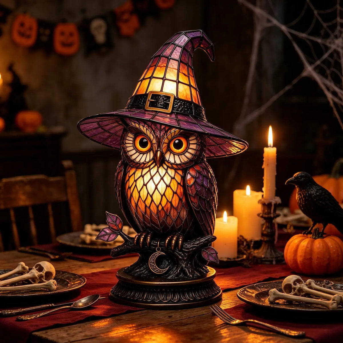 lampe décorative art déco halloween verre coloré motif hibou violet orange noir