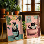affiche toile chat noir toilettes plantes papier peint vintage humour illustration wall art decoration