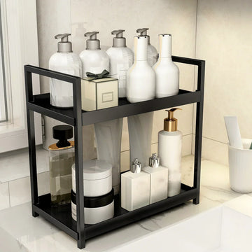 étagère salle bain double niveau métal blanc noir moderne organisatrice cosmétique serviettes brosse dents