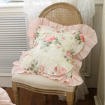 housses coussin fleur rose feuilles vertes vintage romantique opalescent adhésif rubans blancs coton carré