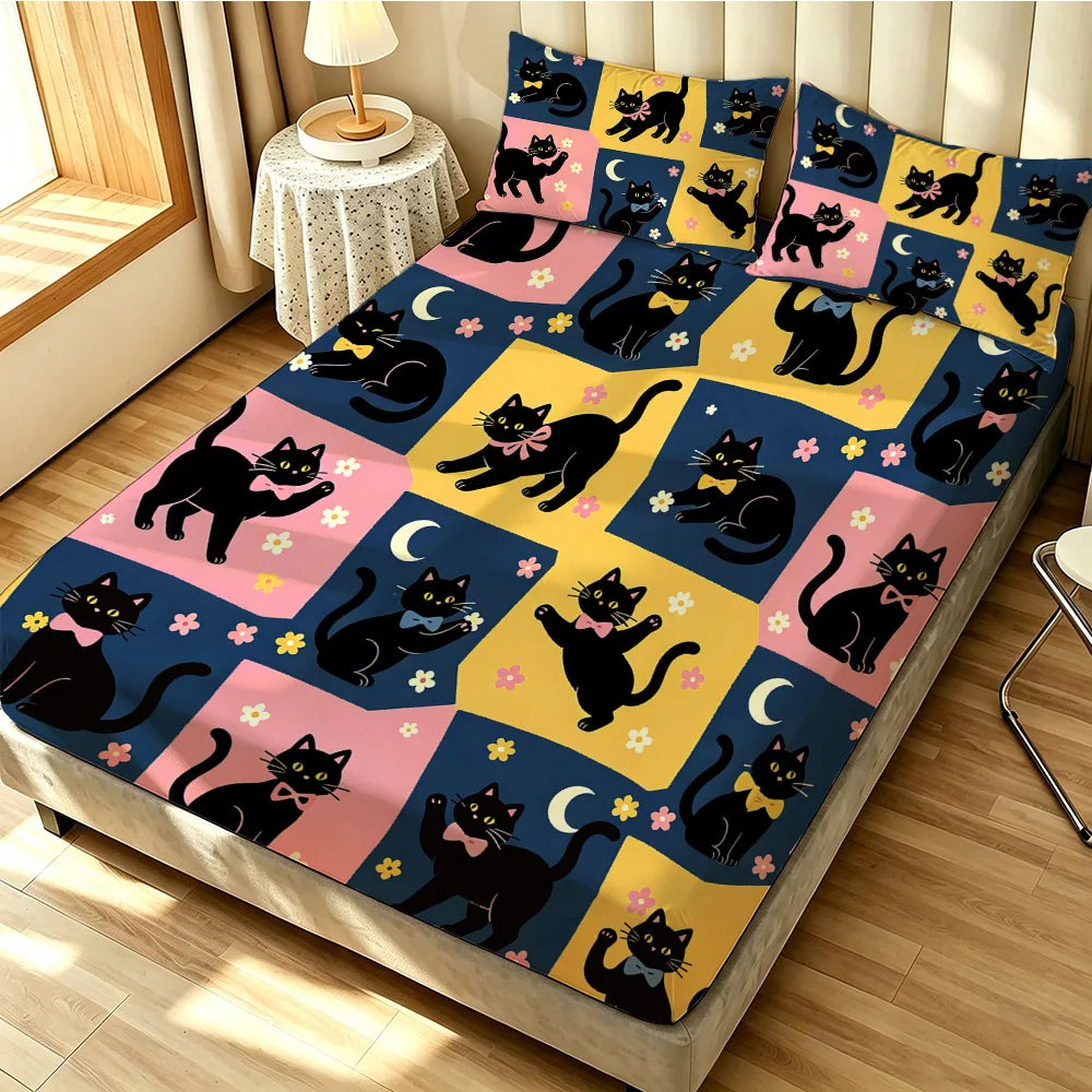 drap housse lit motif chats noirs fleurs colorées moderne taies oreiller bleu foncé jaune