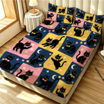 drap housse lit motif chats noirs fleurs colorées moderne taies oreiller bleu foncé jaune