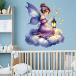 autocollant mural fée dessin animé violet blanc doré décoration maison chambre enfant ailes lanternes